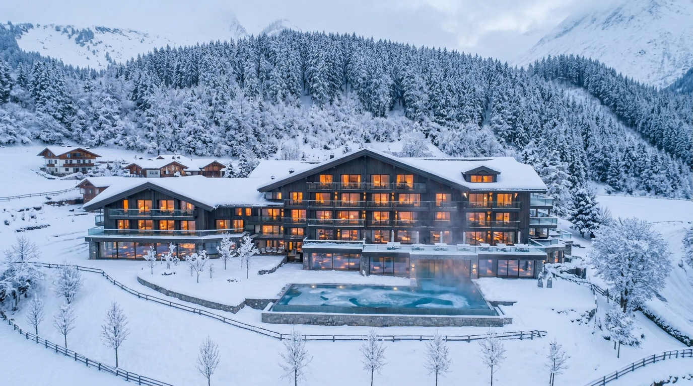 AI-generierte Drohnenaufnahme eines Alpenresorts im Winter — Demo