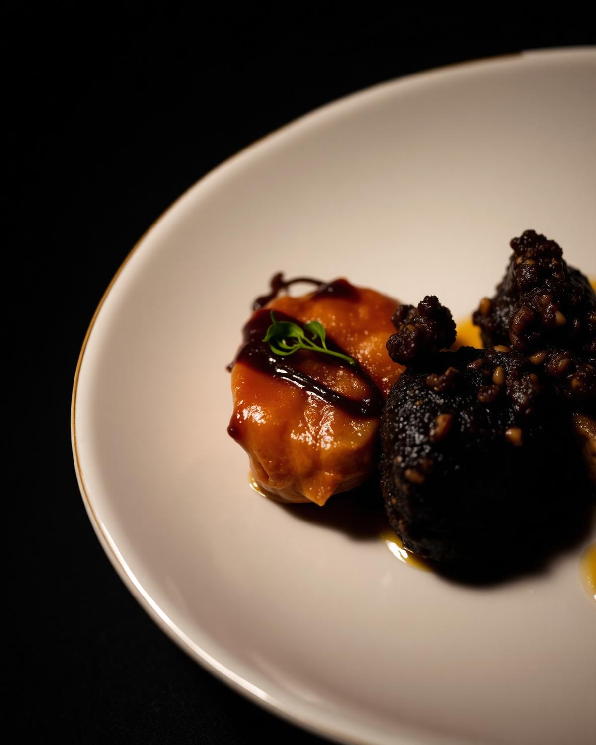 Fine-Dining-Gericht in Nahaufnahme auf dunklem Hintergrund