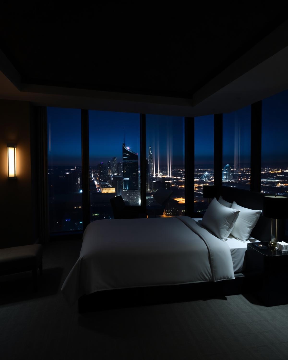 Hotelsuite mit bodentiefen Fenstern und nächtlichem Stadtblick