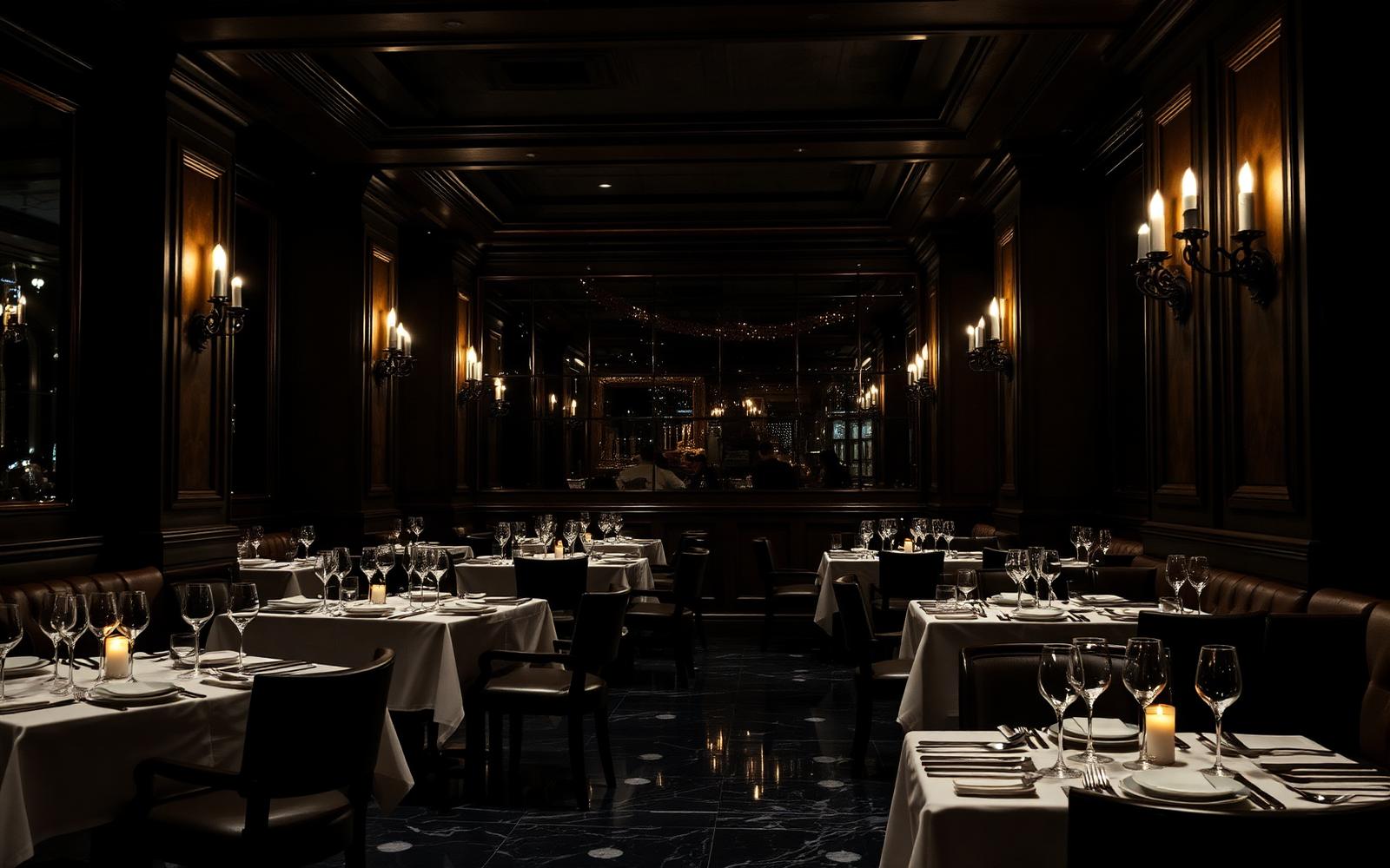 Fine-Dining-Restaurant mit Kerzenlicht und dunklem Holzinterieur