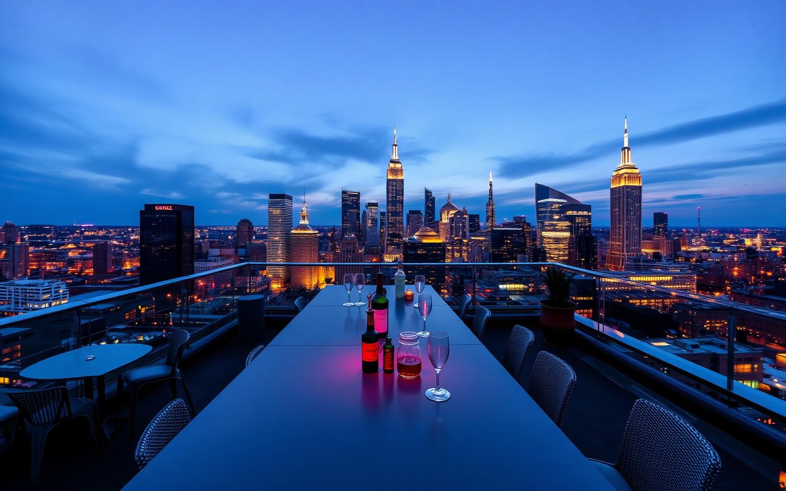 Rooftop-Terrasse eines Hotels mit Skyline in der blauen Stunde