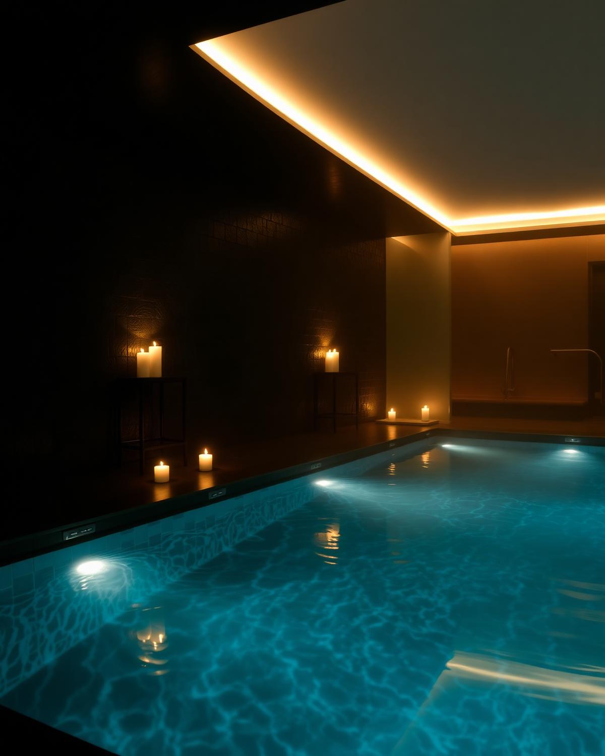Spa-Bereich eines Hotels mit beleuchtetem Pool und Kerzen